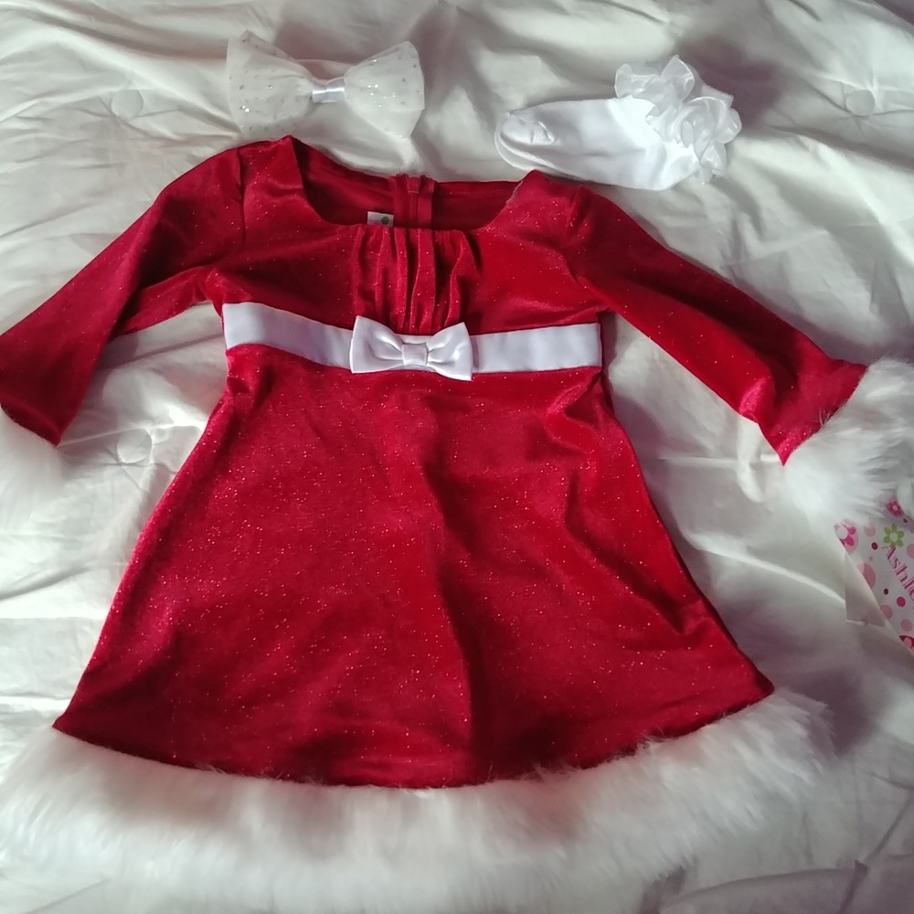 Christmas Dress w/ Fur comes w/ bow & socks